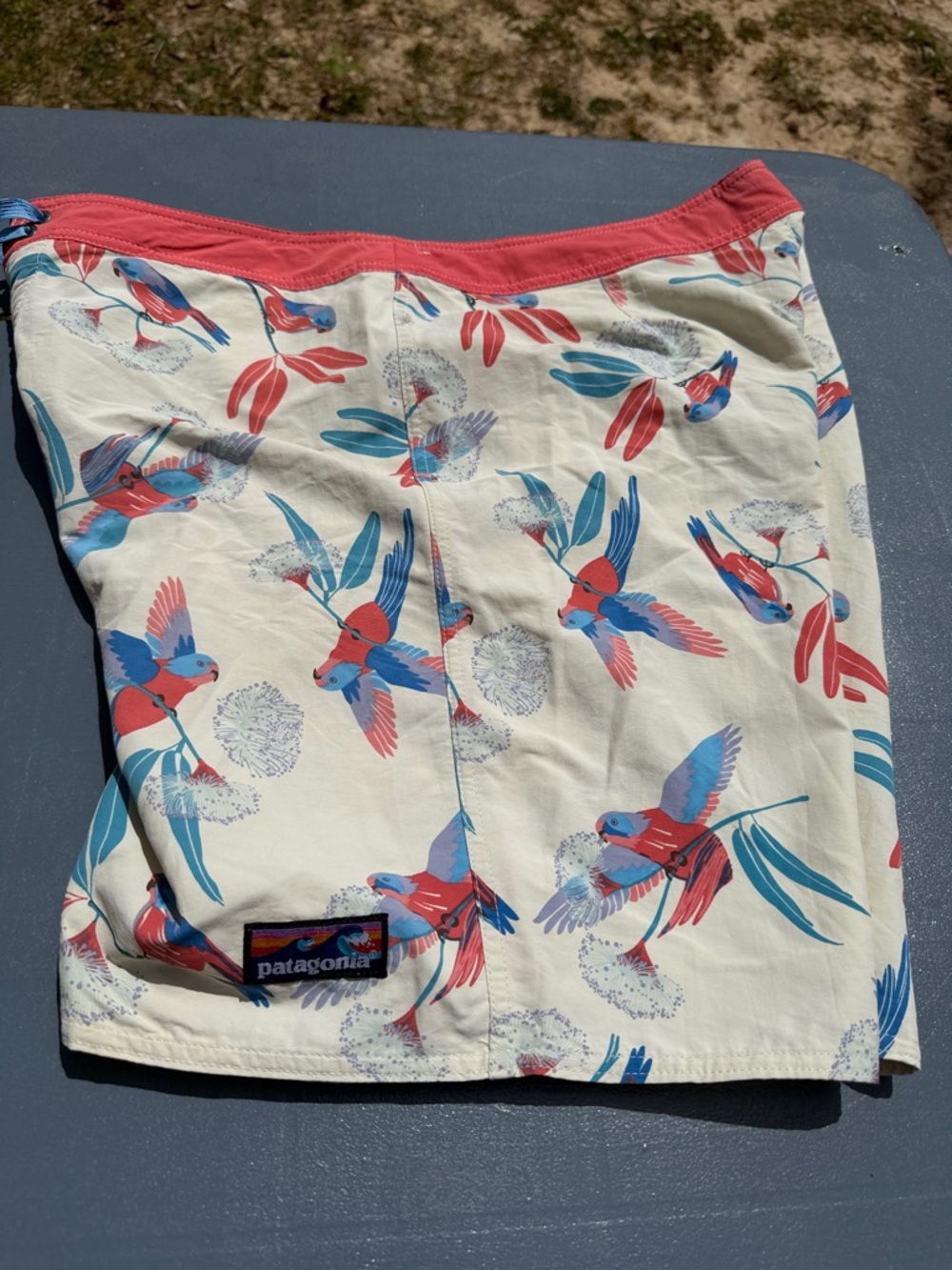 Patagonia Cream Swim Shorts with Coral & Blue Tropical Bird Print